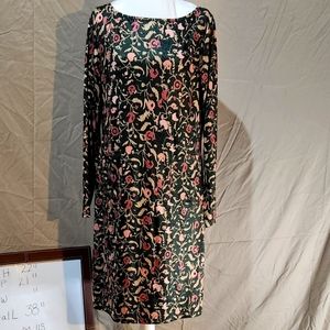 M retro‎ 60s style silky knit green floral mod midi long sleeve dress w pockets